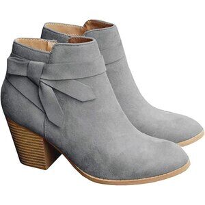 Women's Grey Synthetic Tie Knot Stacked Heel Chelsea Pump Ankle Boots Shoes